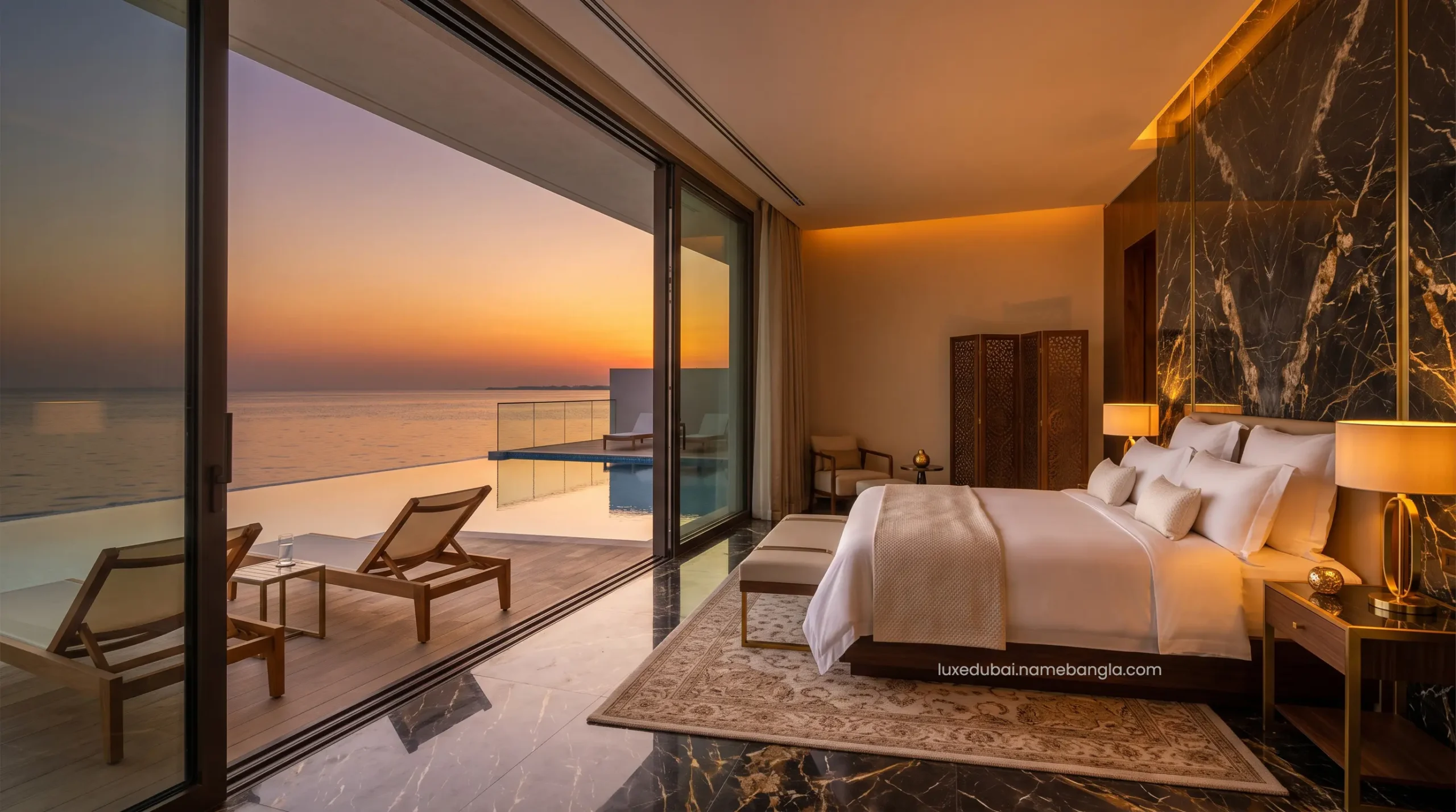A breathtaking 7-star private beachfront villa interior in Abu Dhabi secured through an Agoda VIP Platinum algorithmic override.