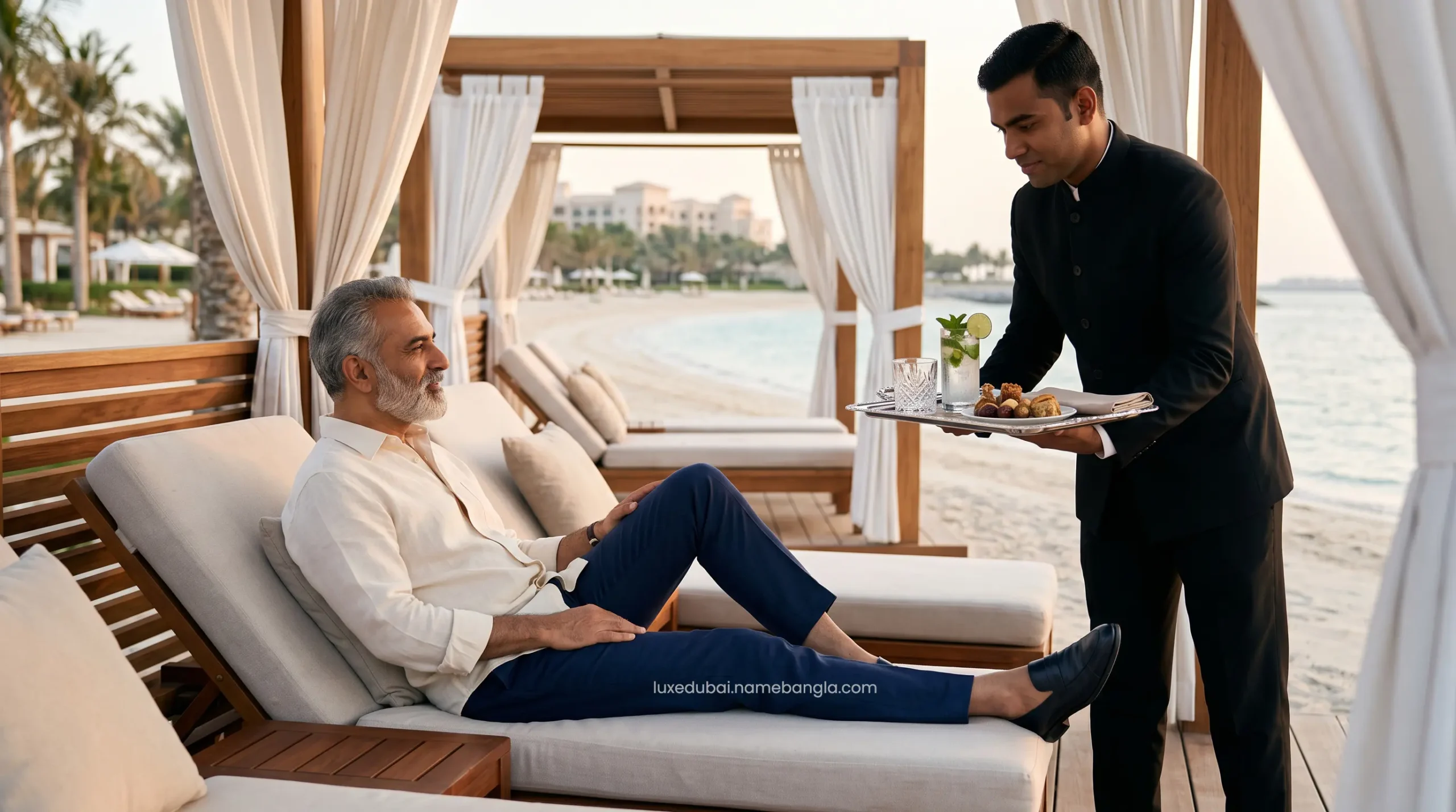 An affluent Indian VIP traveler receiving exclusive private butler service at an Abu Dhabi luxury resort.