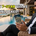 A high-net-worth Indian traveler holding a smartphone showing an Agoda VIP Platinum hidden villa unlock at an ultra-luxury Abu Dhabi resort.