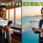 A split-screen comparison showing a high-net-worth Indian executive checking Booking.com Genius Level 3 and Expedia VIP suite upgrade notifications in a luxurious Dubai penthouse.