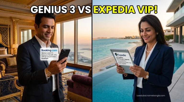 A split-screen comparison showing a high-net-worth Indian executive checking Booking.com Genius Level 3 and Expedia VIP suite upgrade notifications in a luxurious Dubai penthouse.