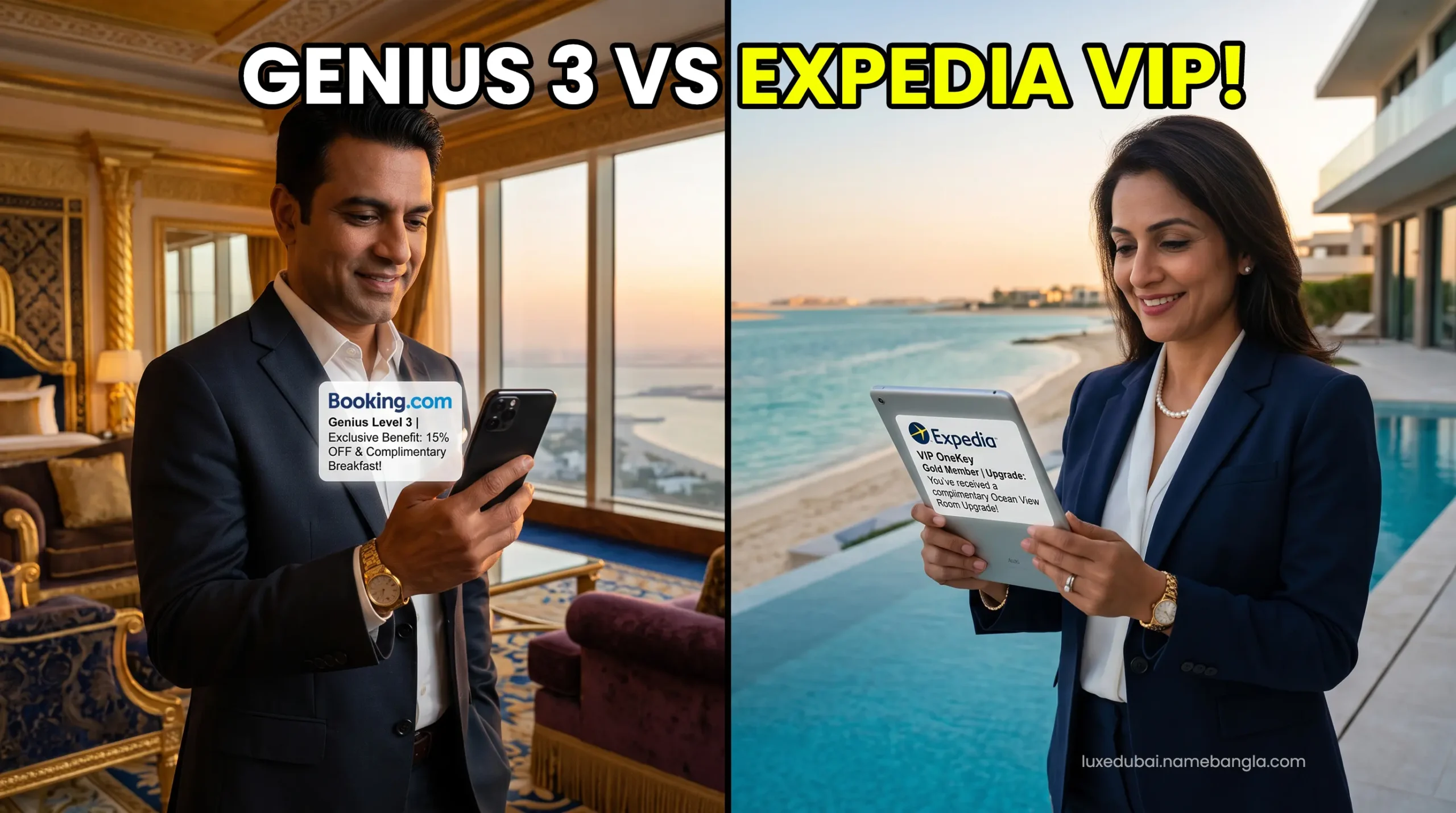 A split-screen comparison showing a high-net-worth Indian executive checking Booking.com Genius Level 3 and Expedia VIP suite upgrade notifications in a luxurious Dubai penthouse.