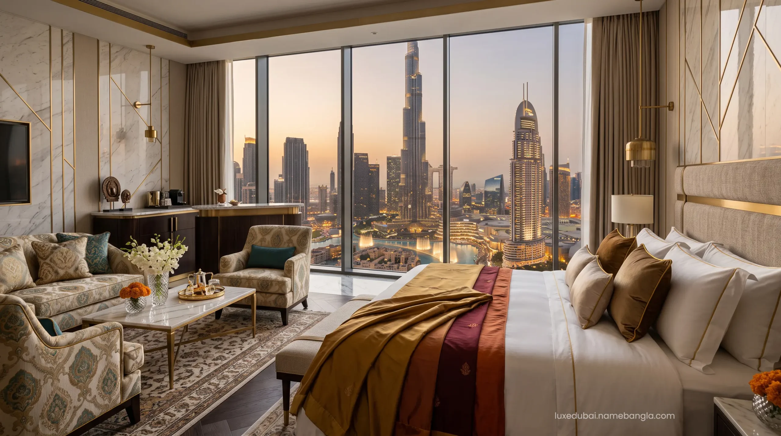An ultra-luxurious 7-star hotel suite in Dubai featuring premium Frette linens, gold accents, and a panoramic view of the Burj Khalifa, designed for elite Indian travelers.
