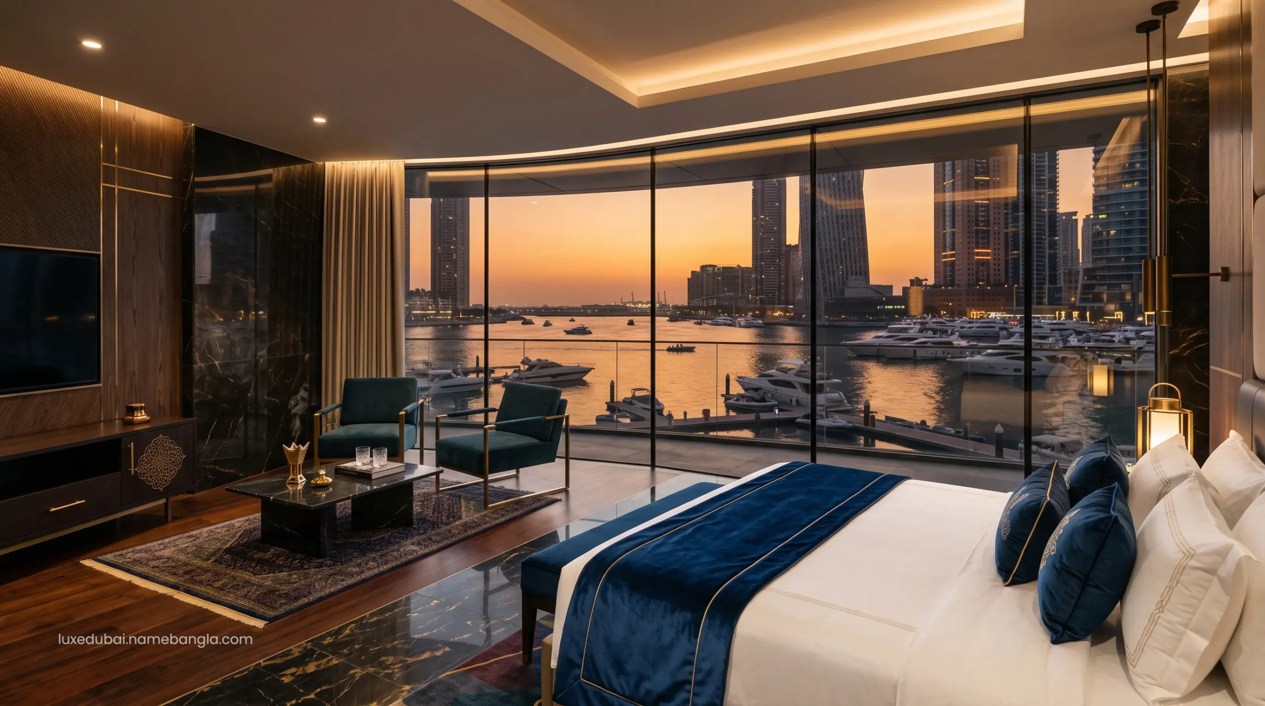 A breathtaking 7-star premium suite in Dubai Marina secured through a Booking.com Genius Level 3 algorithmic upgrade for a Q3 2026 staycation.