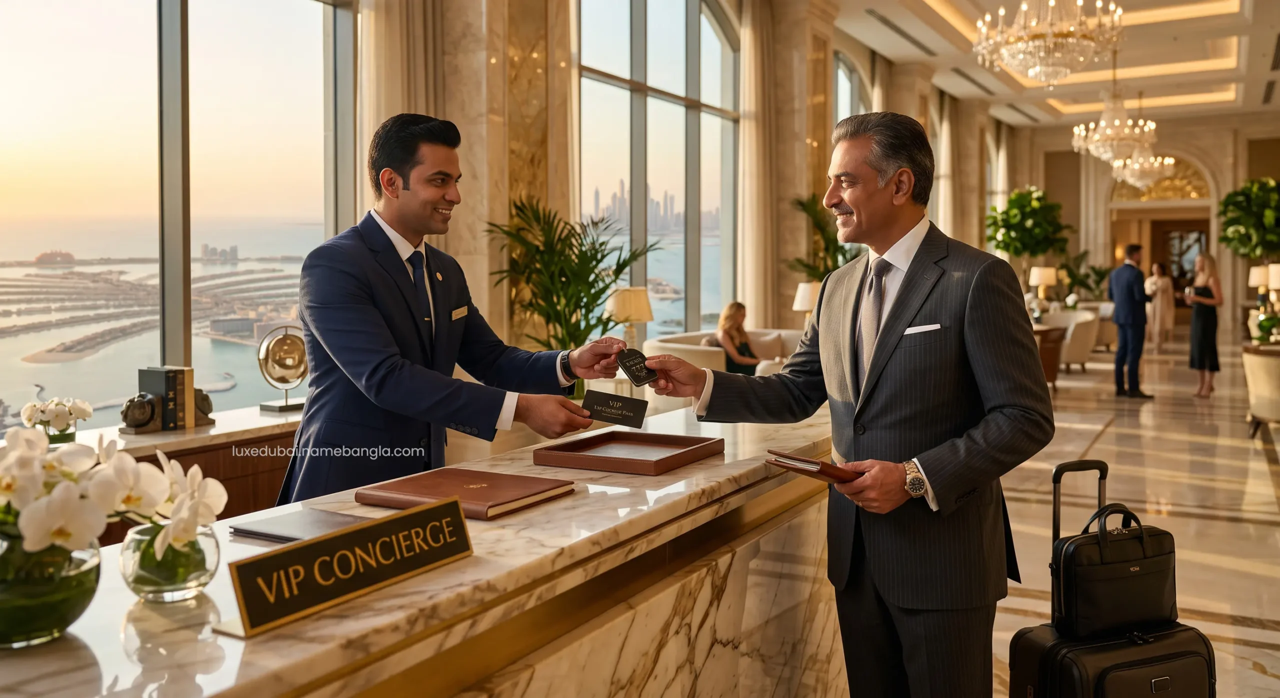 An affluent Indian traveler utilizing Expedia VIP concierge override services at an exclusive UAE luxury resort.