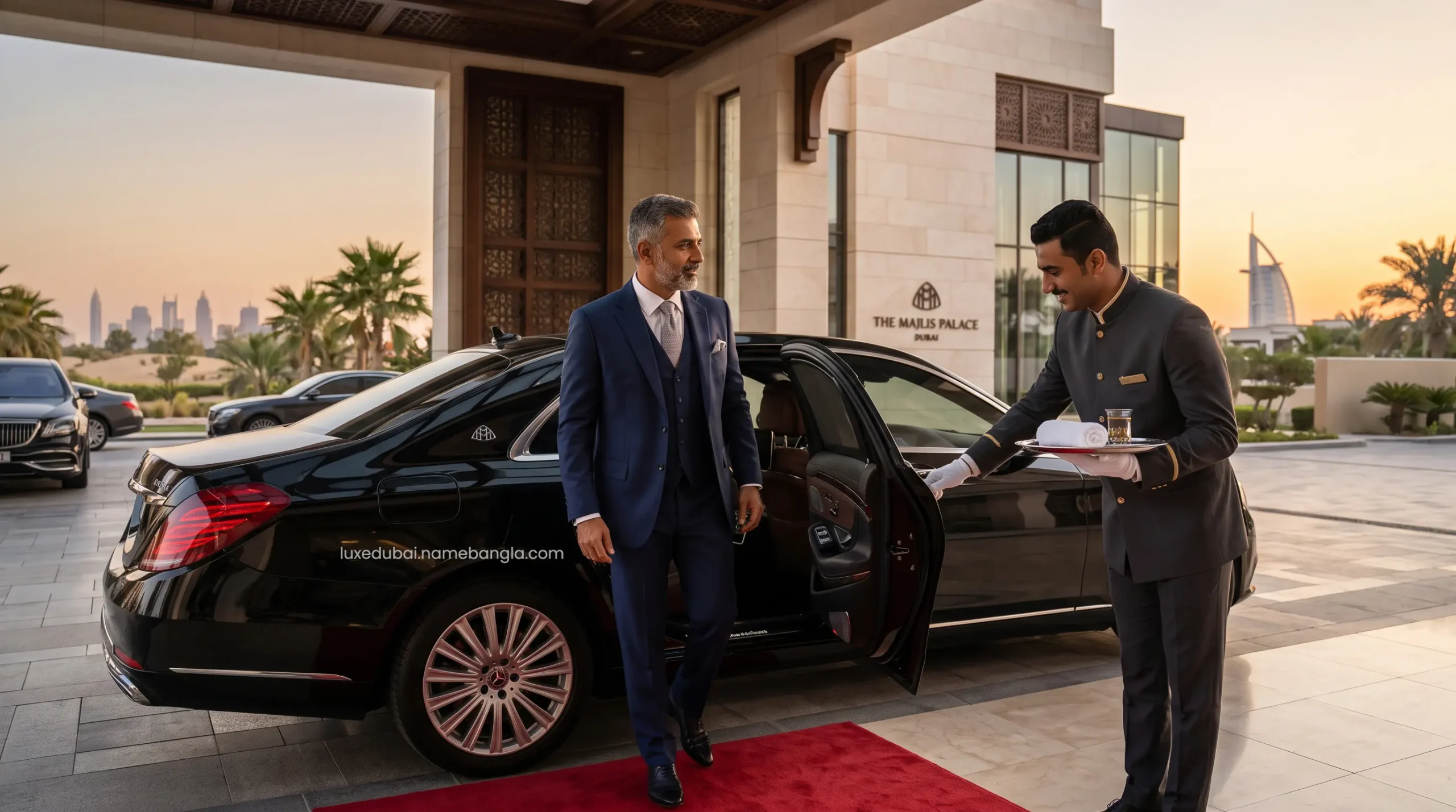 An affluent Indian VIP traveler receiving complimentary luxury chauffeur service at Dubai International Airport, secured via GoZayaan Premium.