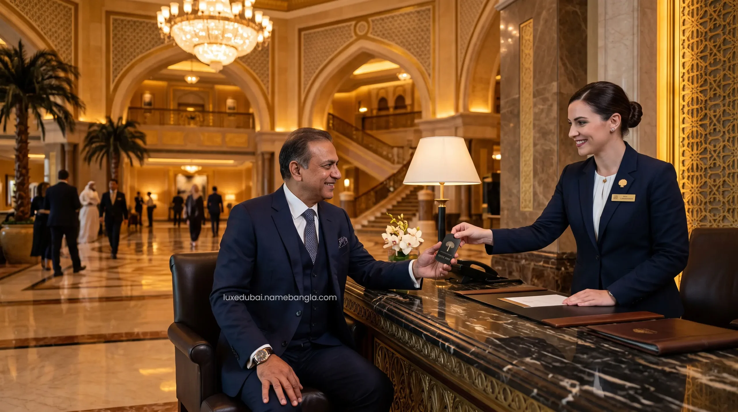 A premium VIP concierge desk at an exclusive Abu Dhabi luxury resort processing a high-tier booking override for an affluent traveler.