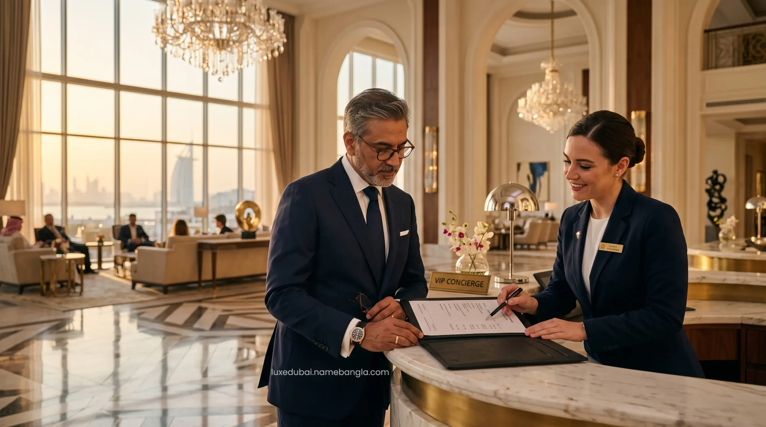 An affluent Indian VIP traveler reviewing an itemized decoupled tax folio at an exclusive Dubai luxury resort concierge desk.